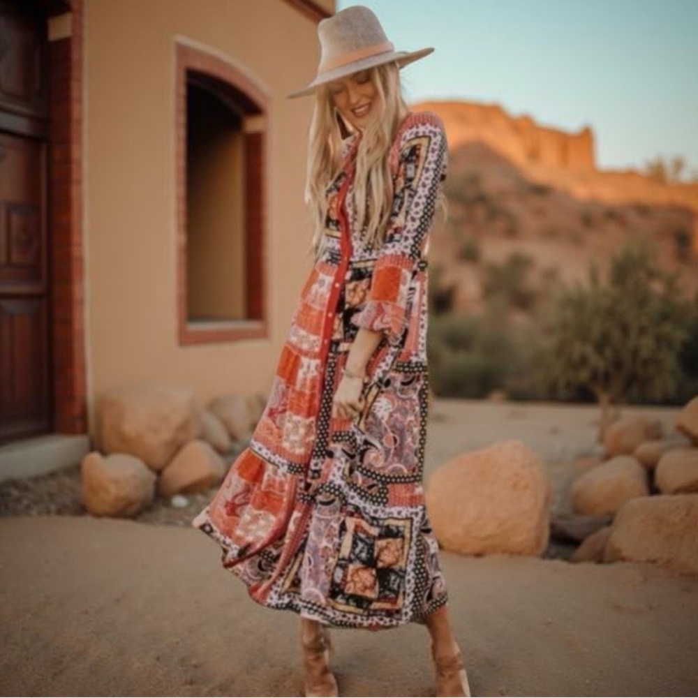 Roolee Maxi Dress Red Boho Patchwork Size Small